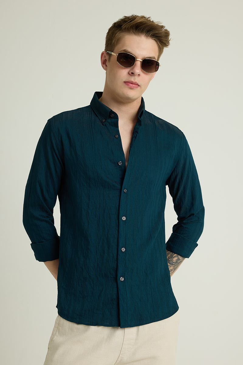 Teal Textured Slim Fit Shirt