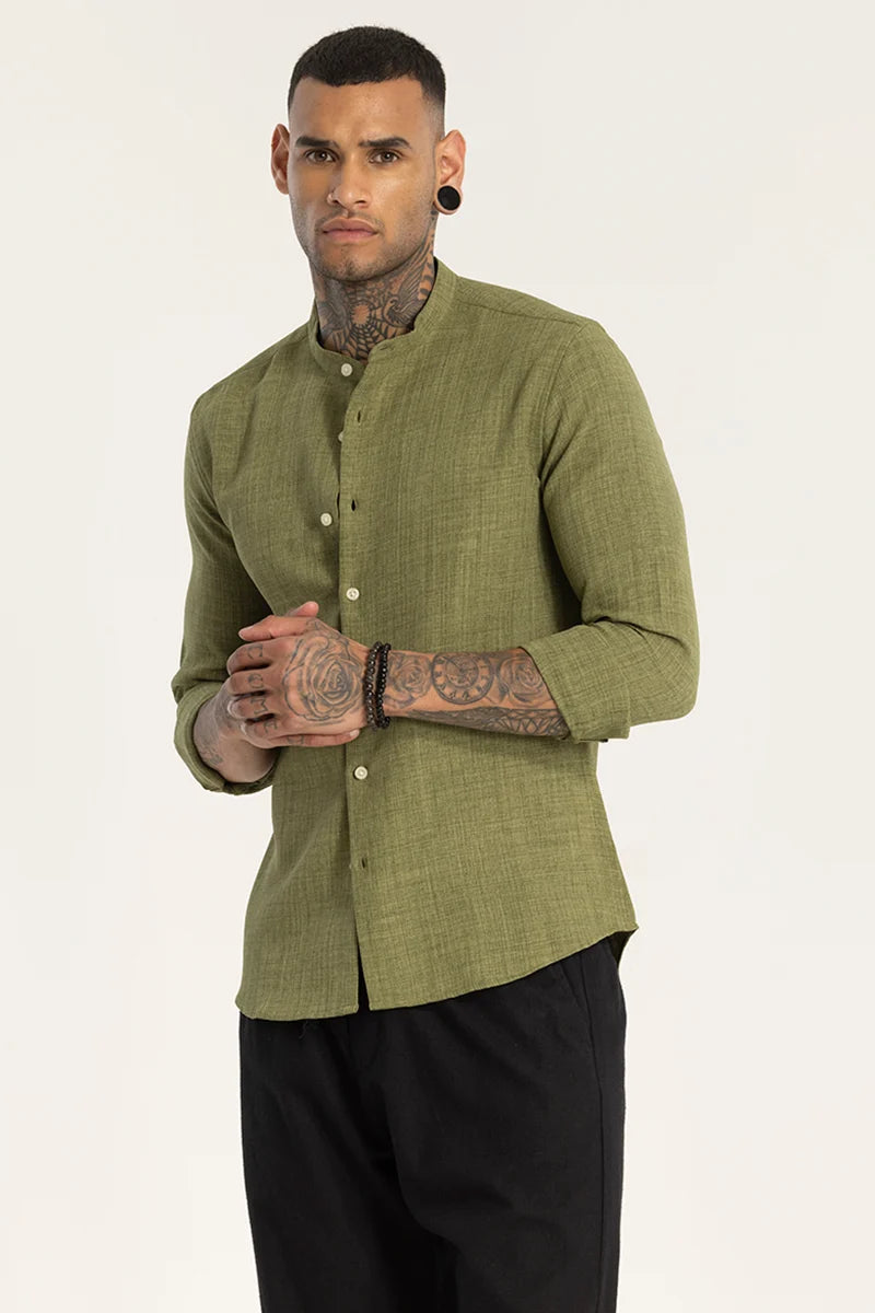 Green Mandarin Linen Shirt