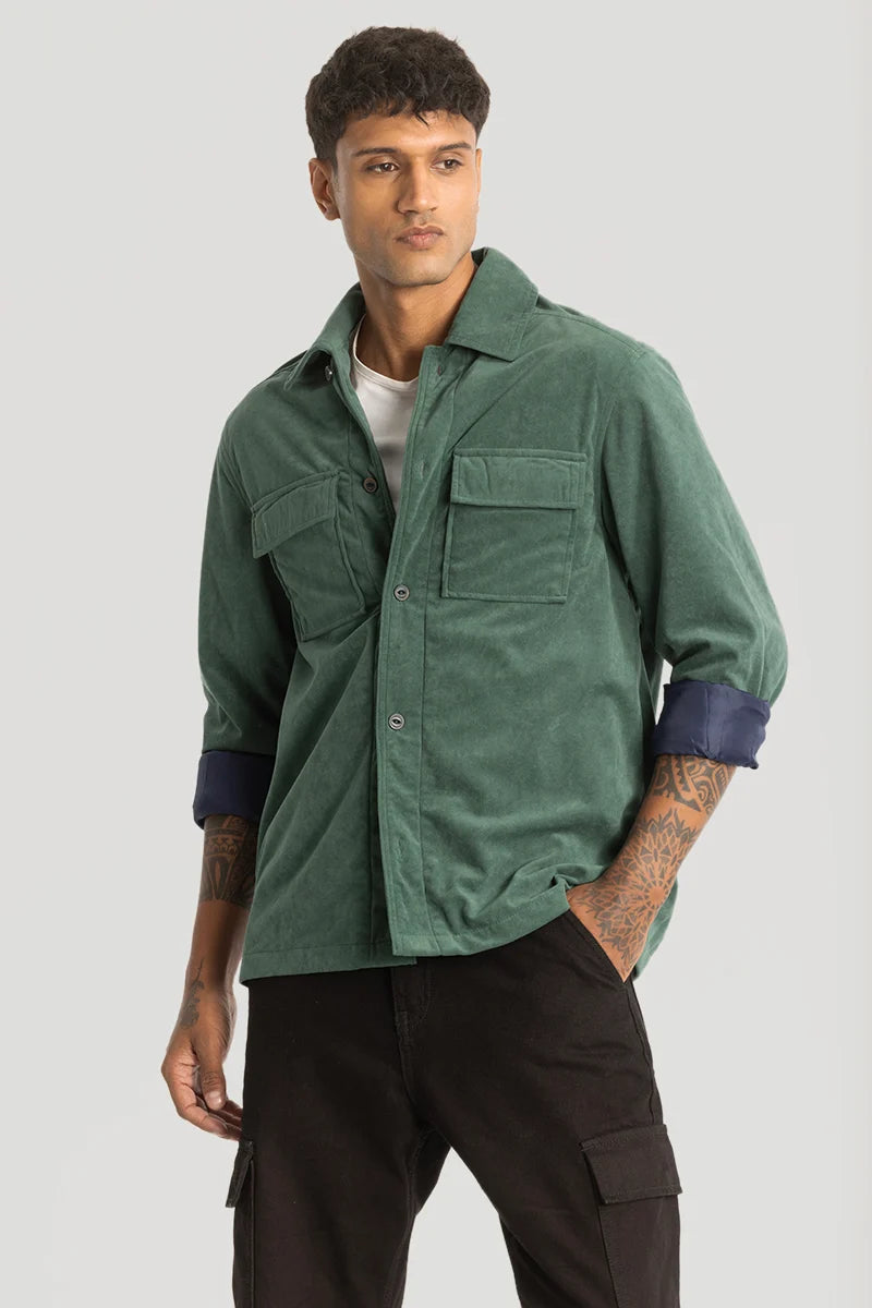 Green Suede Double Pocket Overshirt