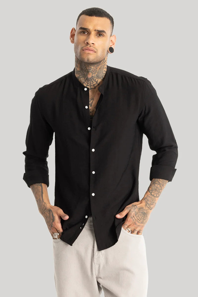 Black Crushed Mandarin Collar Shirt