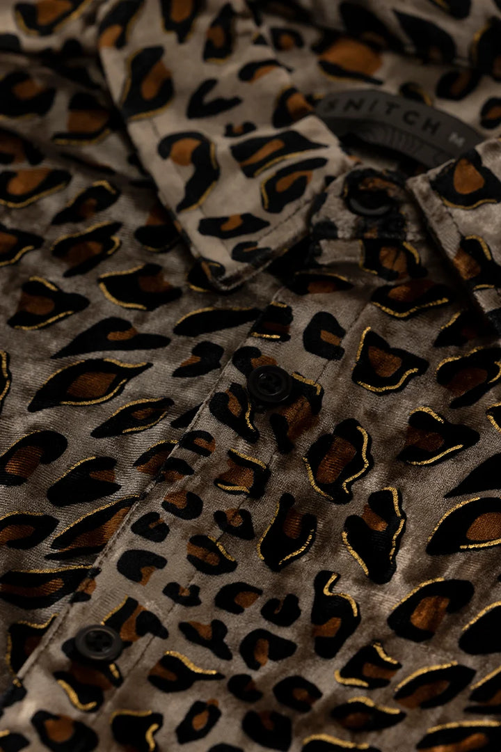 Magne Brown Animal Print Velvet Shirt