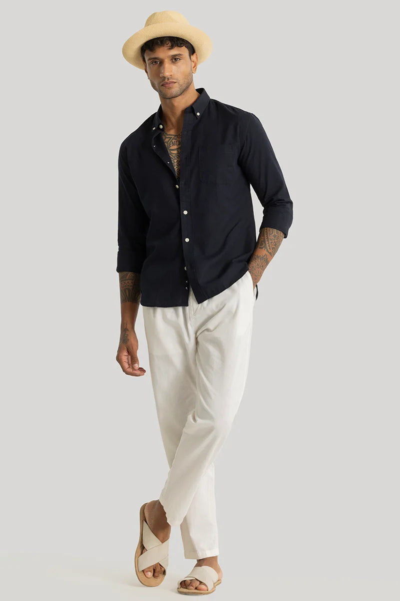 Henri Navy Plain Linen Blend Shirt