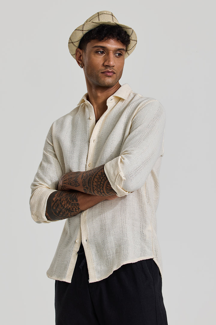 Cream Knitted Slim Fit Shirt