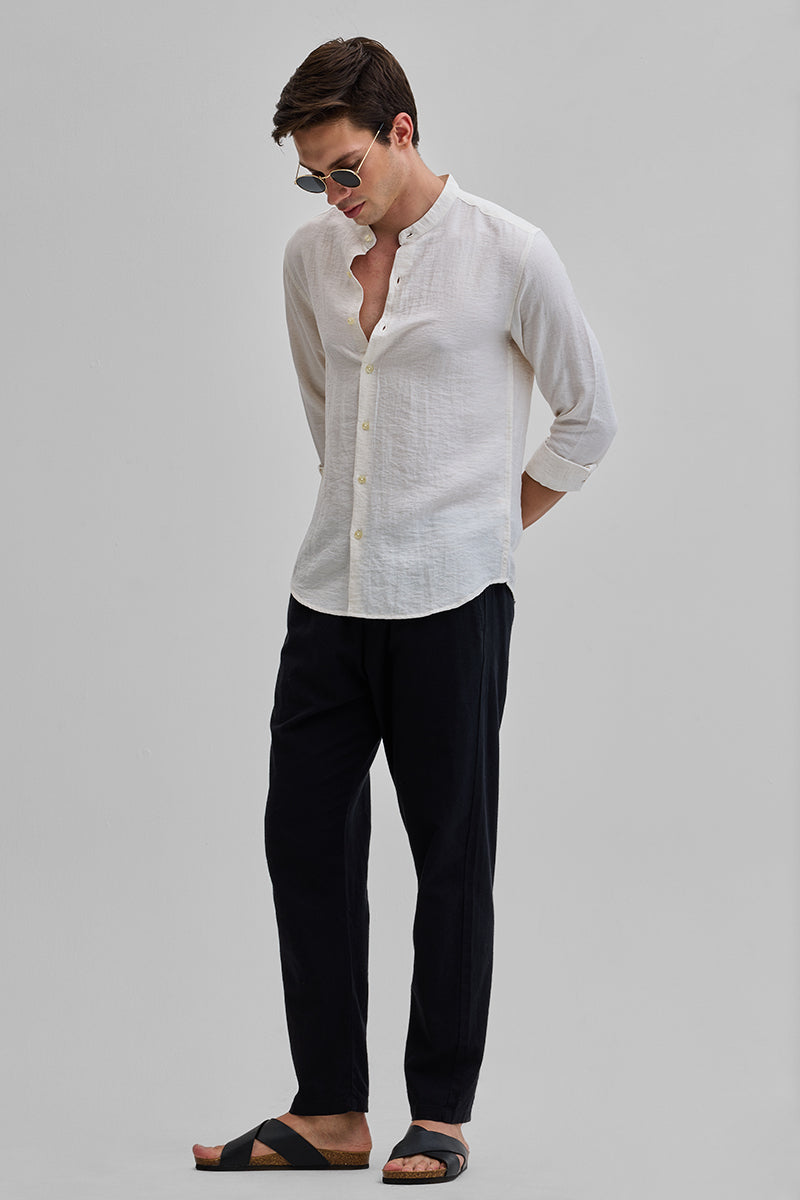 Cream Mandarin Linen Blend Shirt