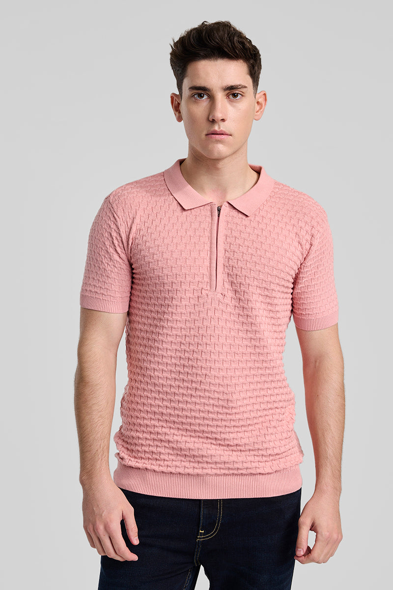 Light Pink Zipper Knitted Polo T-Shirt