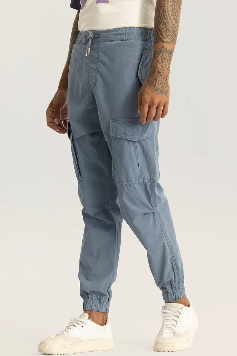 Realm Greyish Blue Plain Regular Fit Cargo Pants