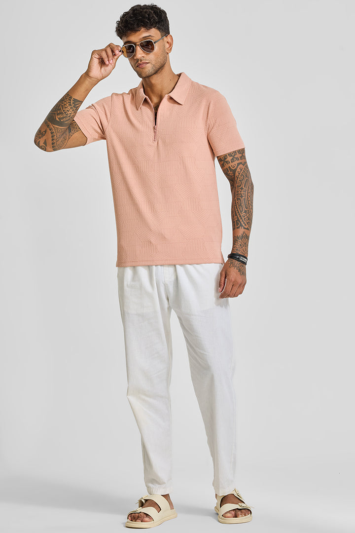 Peach Zipper Textured Polo T-Shirt