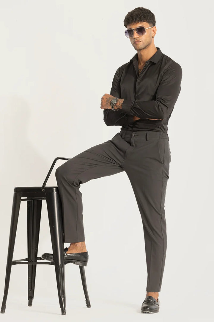 Grey Self-Design Slim Fit Trousers