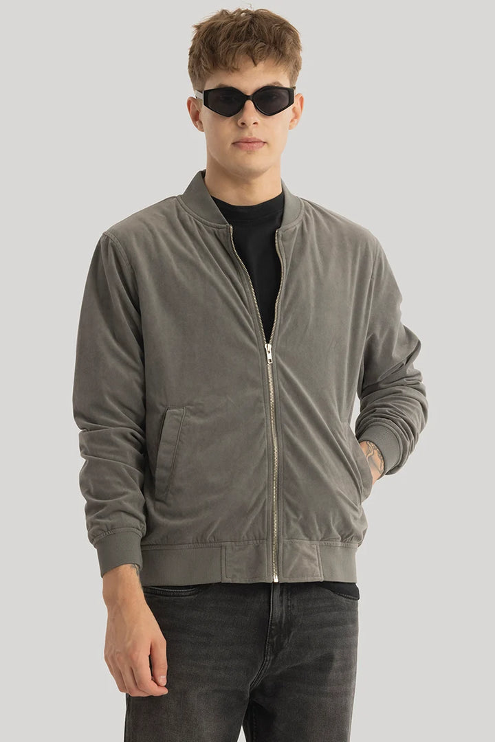 SleekSuede Grey Plain Bomber Jacket