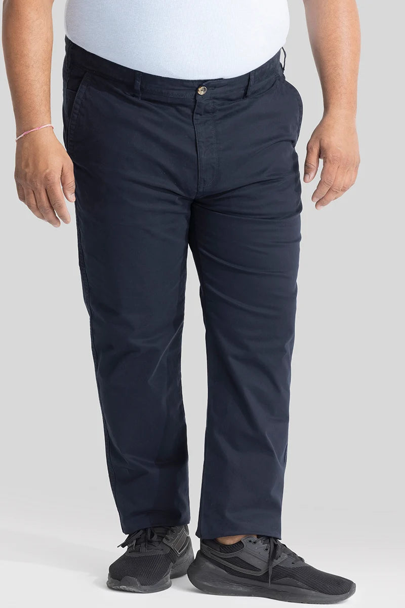 Seemly Greyish Blue Plain Regular Fit Plus Size Chinos