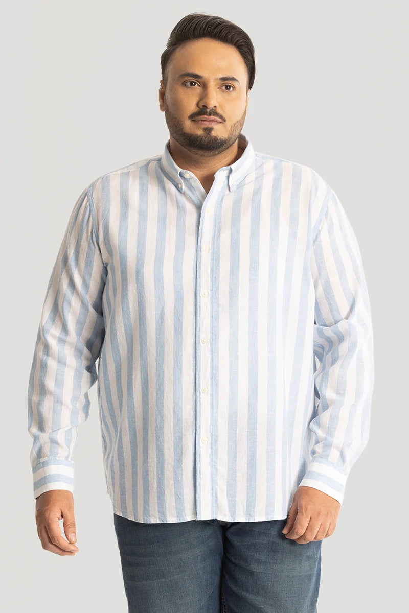 Light Blue Stripes Linen Blend Plus Size Shirt