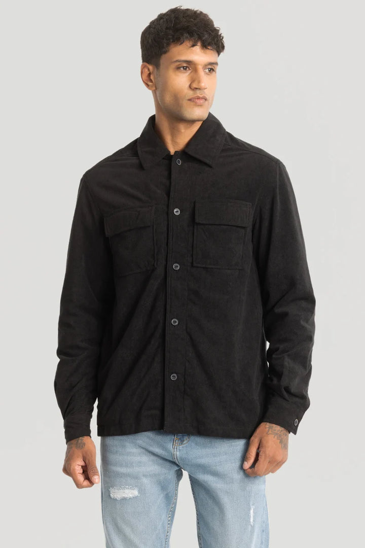 Black Suede Double Pocket Overshirt