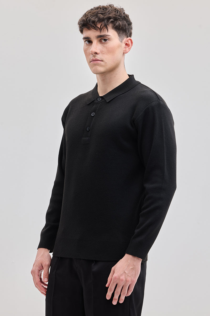 Black Knitted Polo Sweater