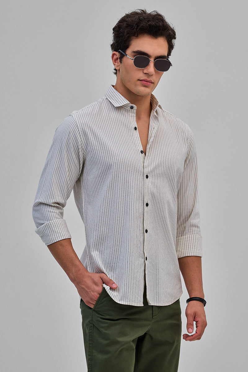 Cream Slim Fit Stripes Shirt