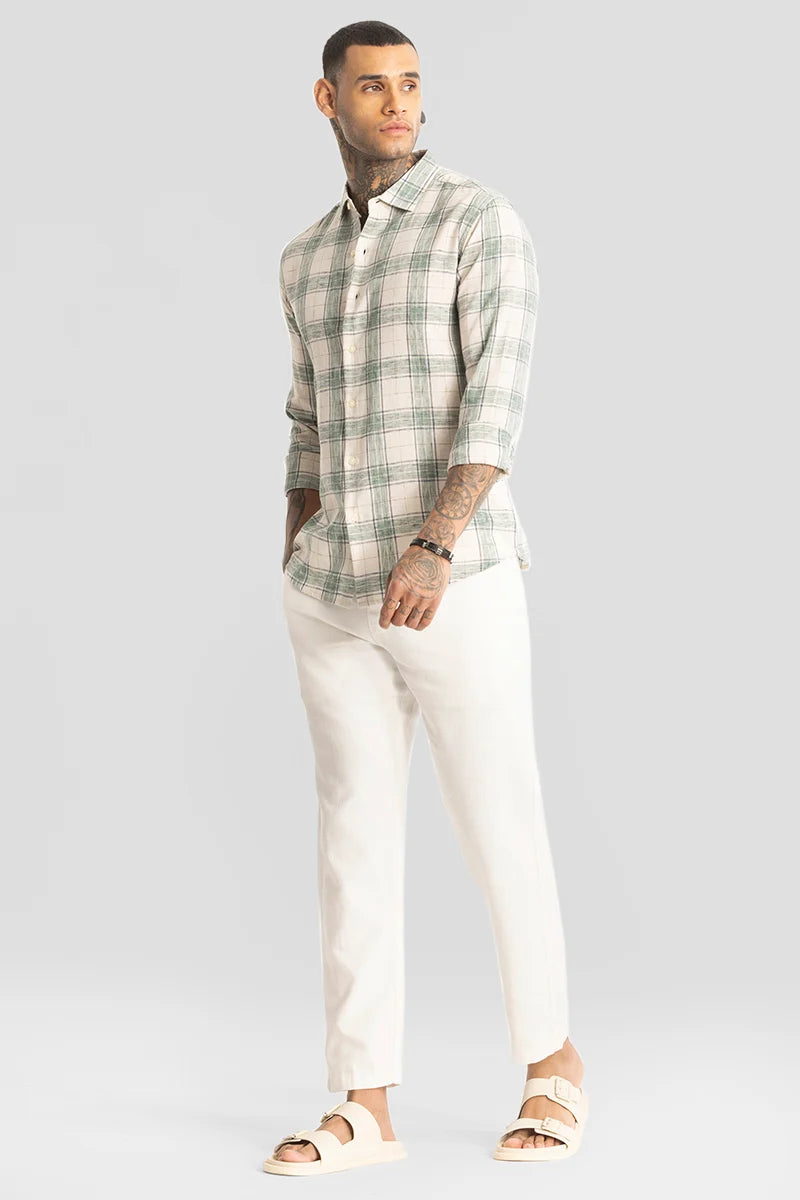 Green Linen Blend Checks Shirt