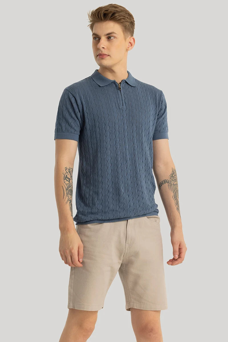 Ascent Stone Blue Knitted Polo T-Shirt