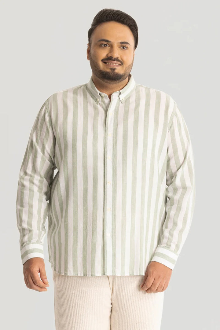 Light Green Stripes Linen Blend Plus Size Shirt