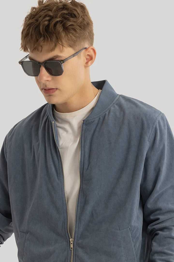 SleekSuede Greyish Blue Plain Bomber Jacket