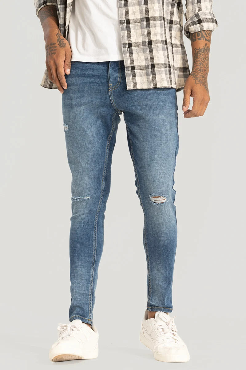 Denim Blue Distressed Skinny Fit Jeans