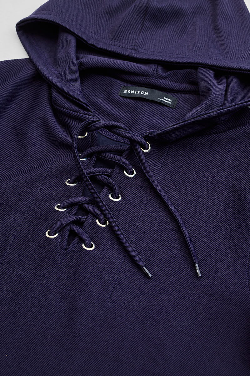 Navy Lace-Up Textured Hoodie