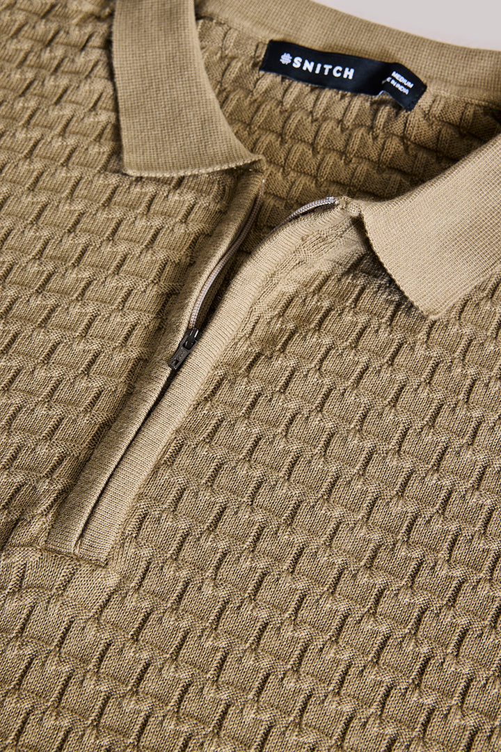 Khaki Zipper Knitted Polo T-Shirt