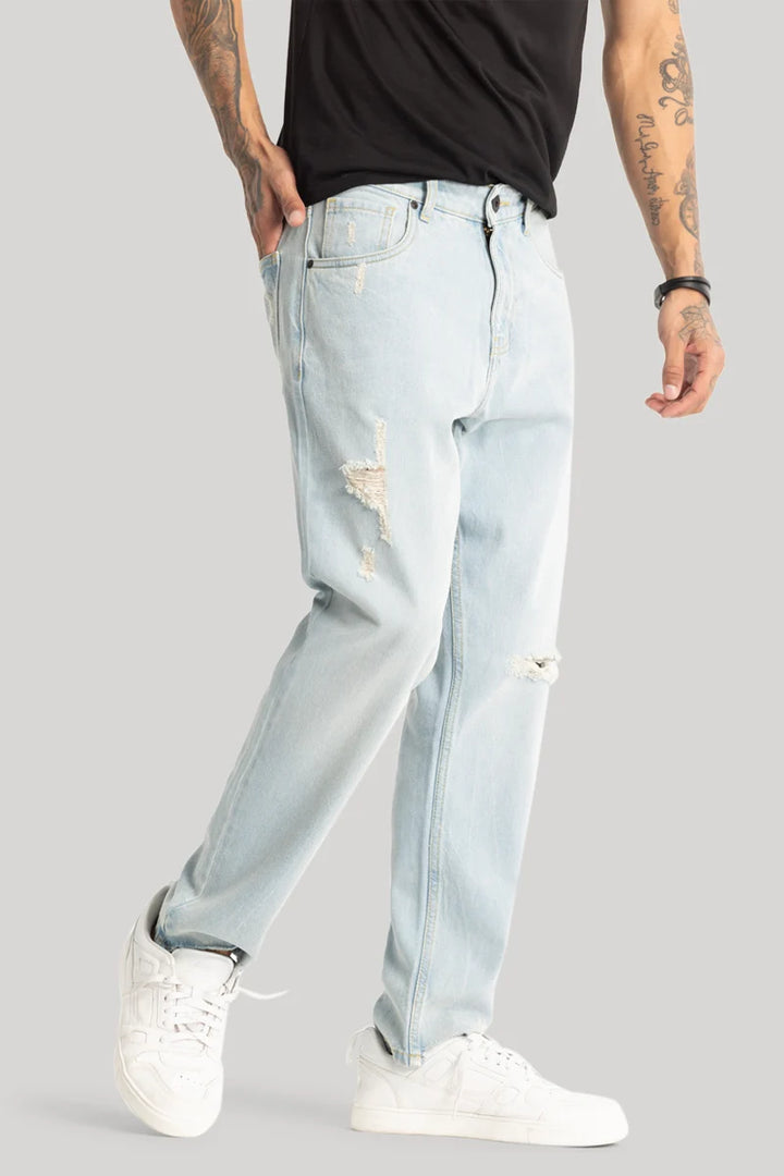 Sky Blue Distressed Baggy Fit Jeans