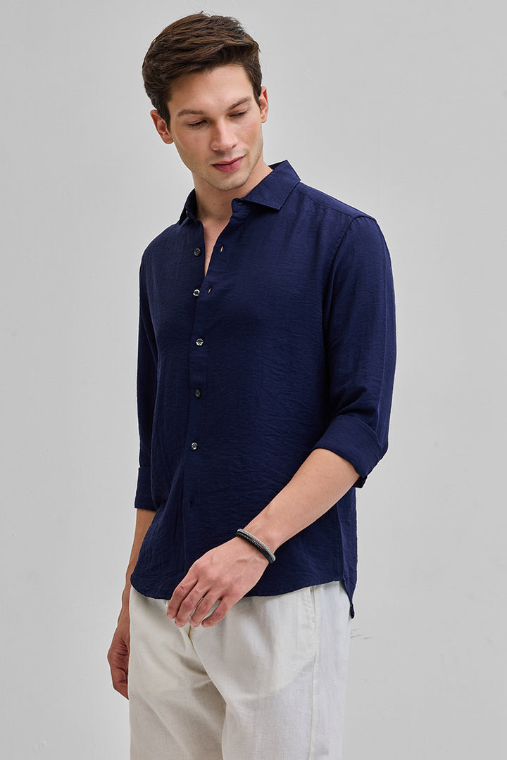 Navy Textured Linen Blend Shirt