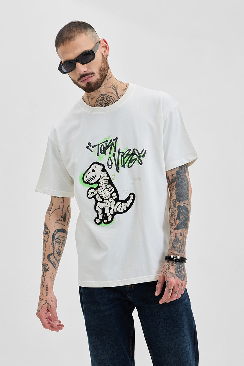 Dino Off White Printed Oversized Fit T-Shirt