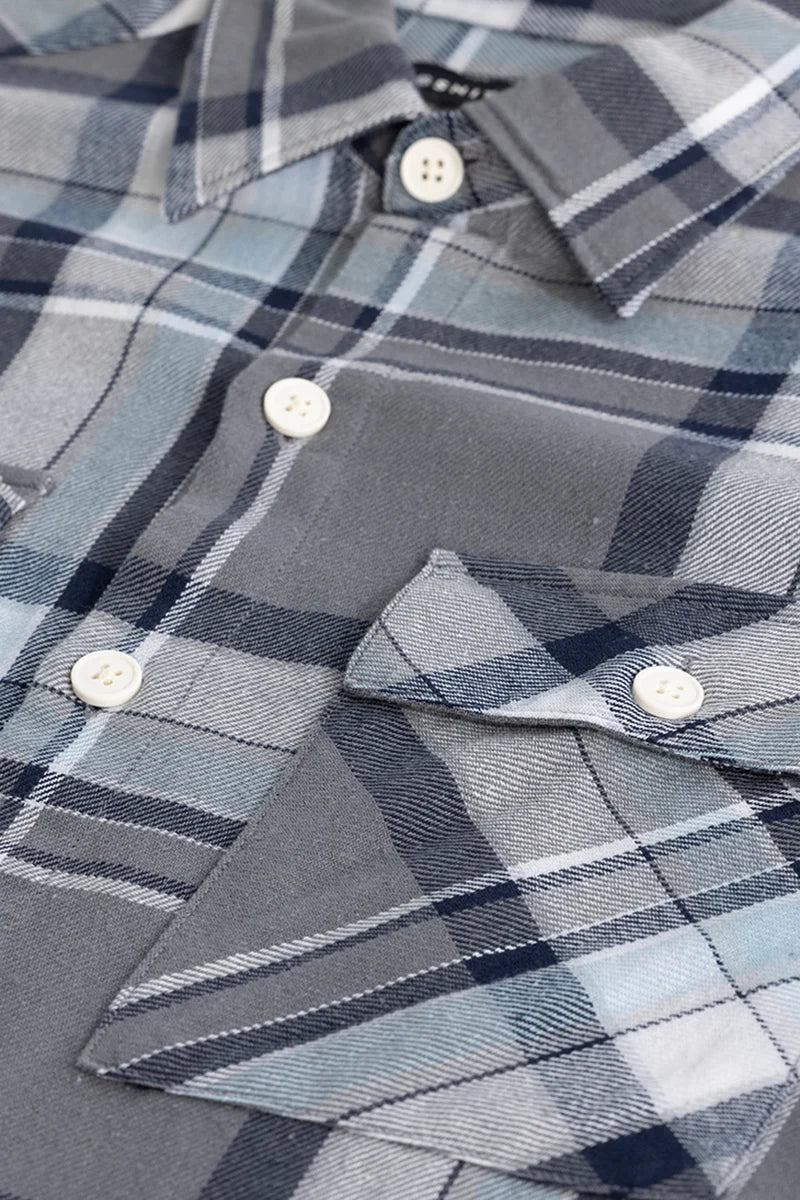 Grey Double Pocket Checks Shirt