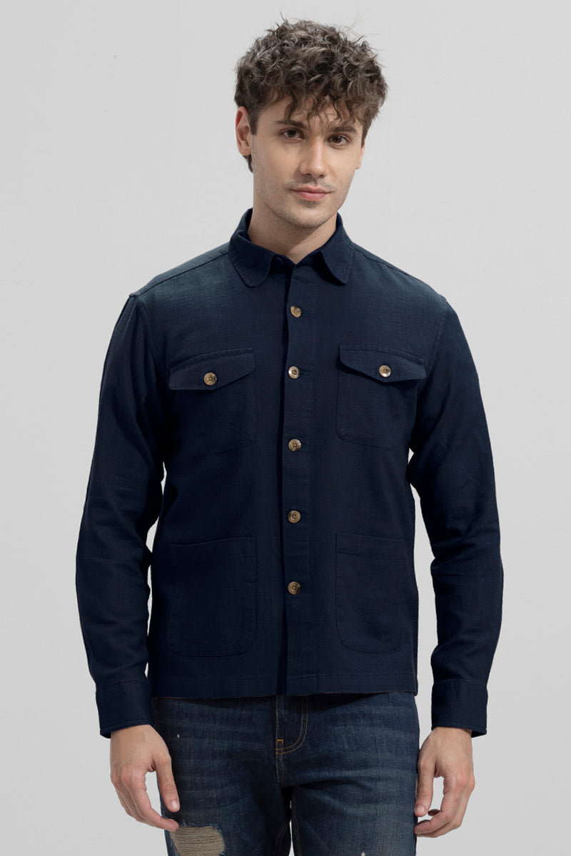 Buy Men's Linen Rug Navy Overshirt Online | SNITCH