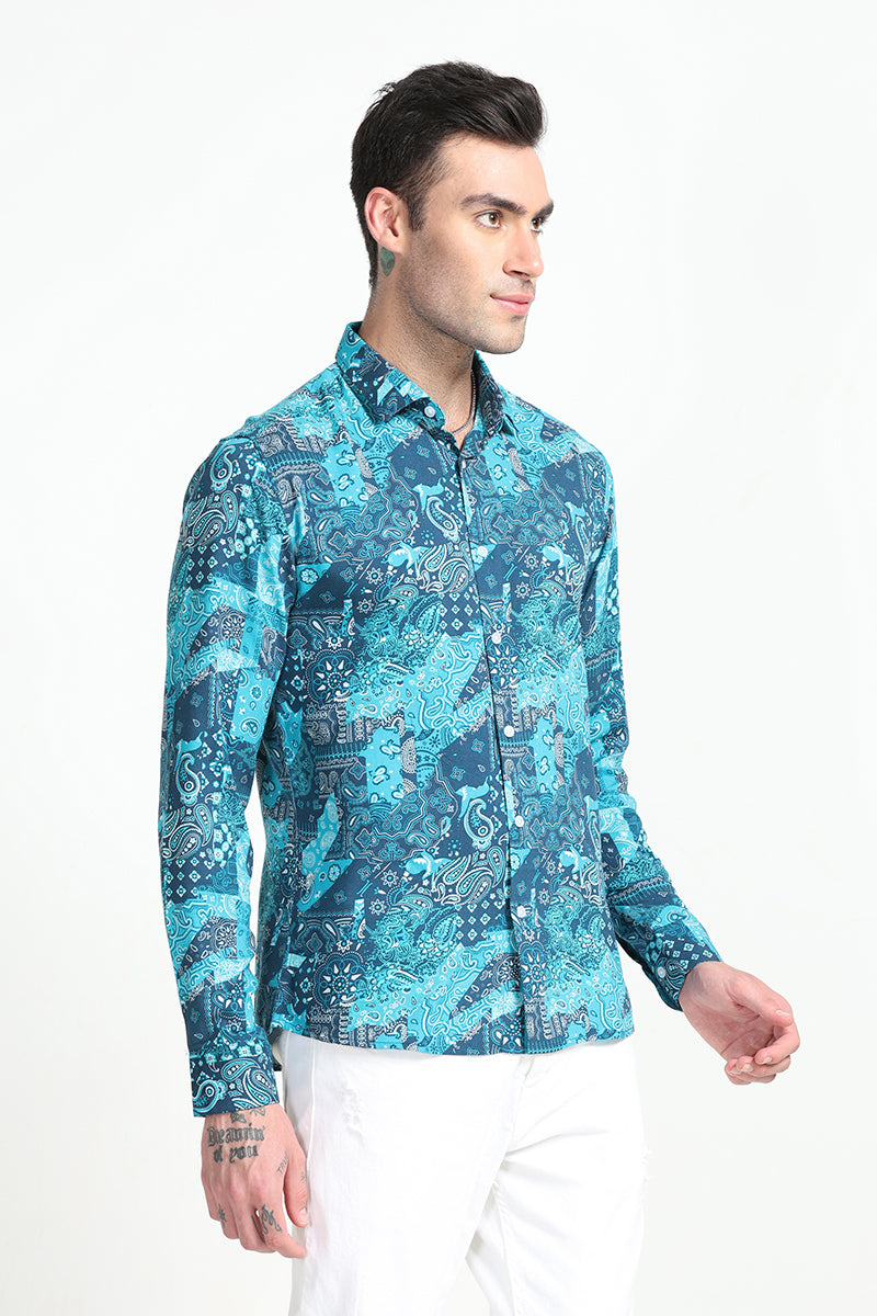 Paisley Print Patch Teal Blue Shirt