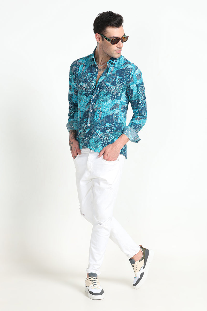 Paisley Print Patch Teal Blue Shirt