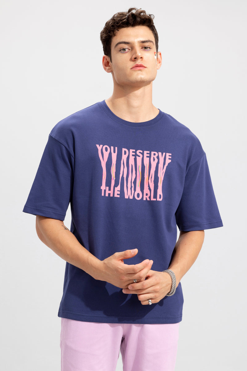 Buy Men's You Deserve the World Blue Oversized T-Shirt Online | SNITCH