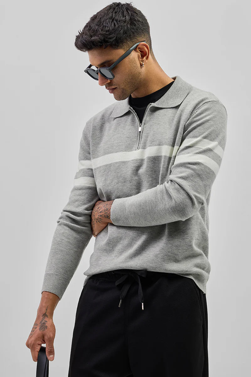 Grey Stripes Polo Sweater