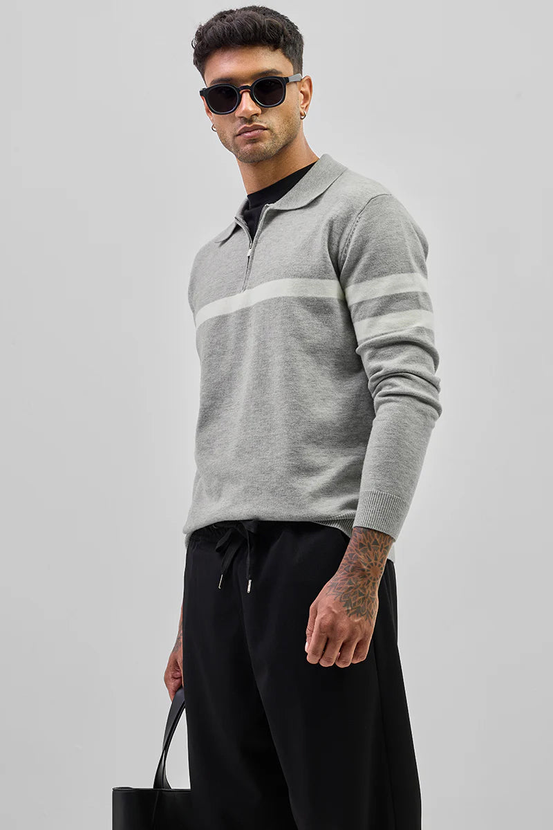 Grey Stripes Polo Sweater