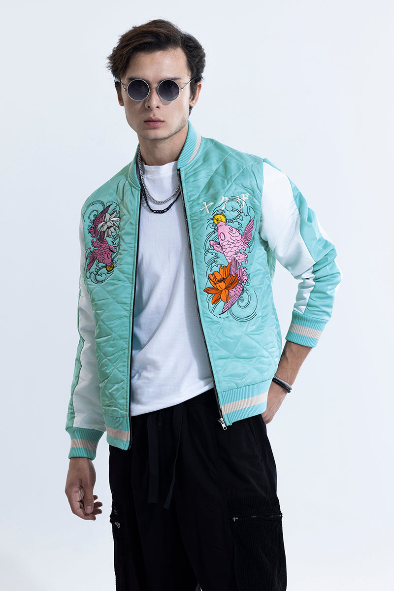 Water Spirit Blue Sukajan Bomber Jacket