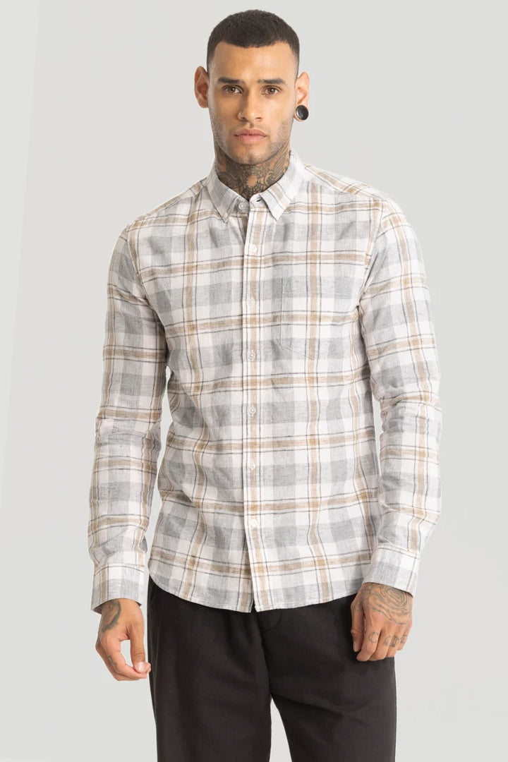 Grey Linen Blend Checks Shirt