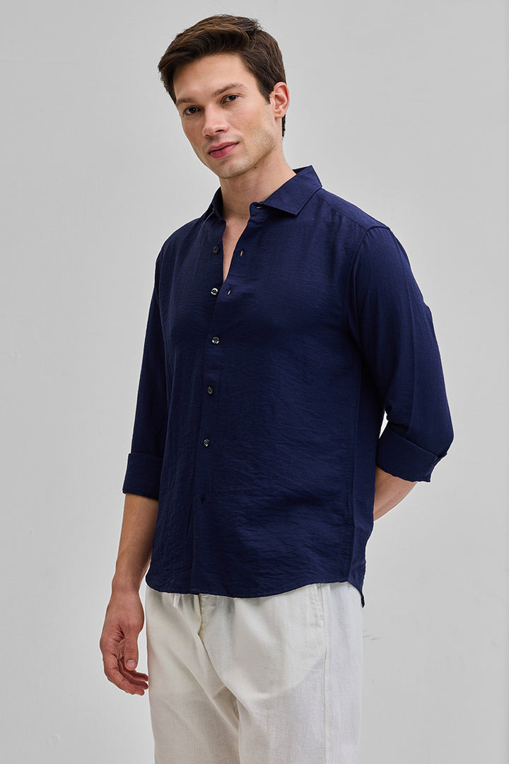 Navy Textured Linen Blend Shirt