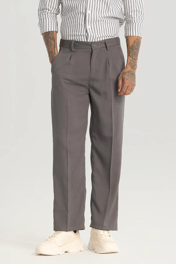 Grey Plain Relaxed Fit Trousers