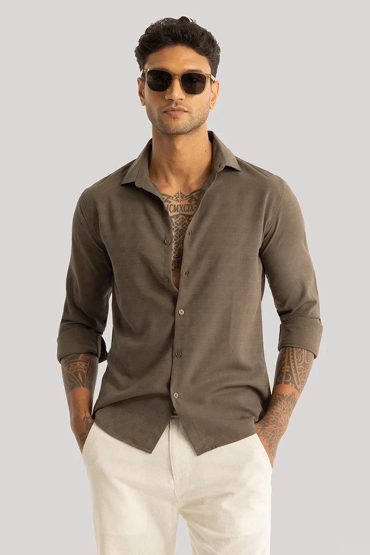 Anselmo Olive Brown Self-Design Shirt