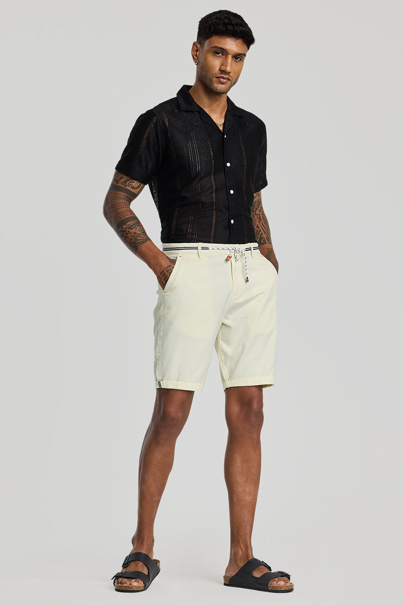 Cream Plain Linen Regular Fit Shorts