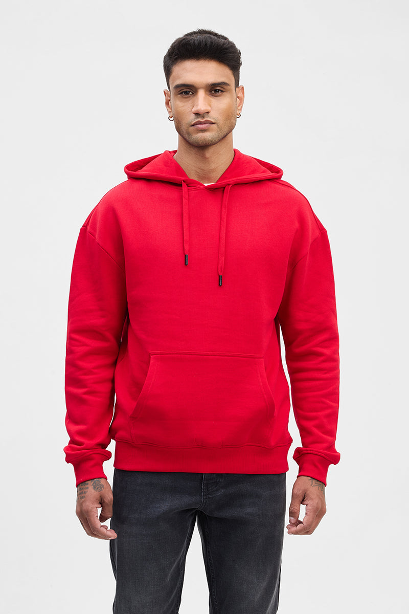 Red Solid Relaxed Fit Hoodies