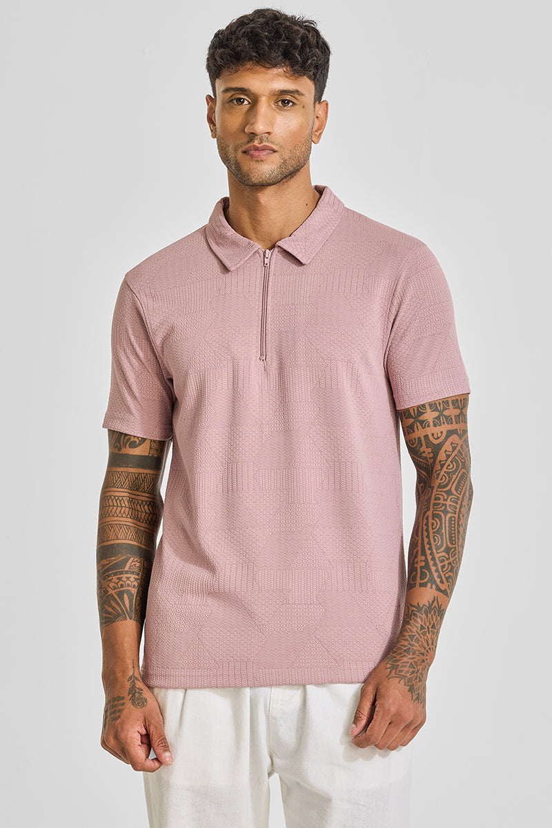 Light Pink Zipper Textured Polo T-Shirt