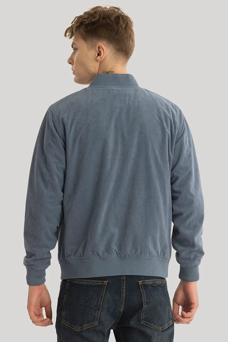 SleekSuede Greyish Blue Plain Bomber Jacket