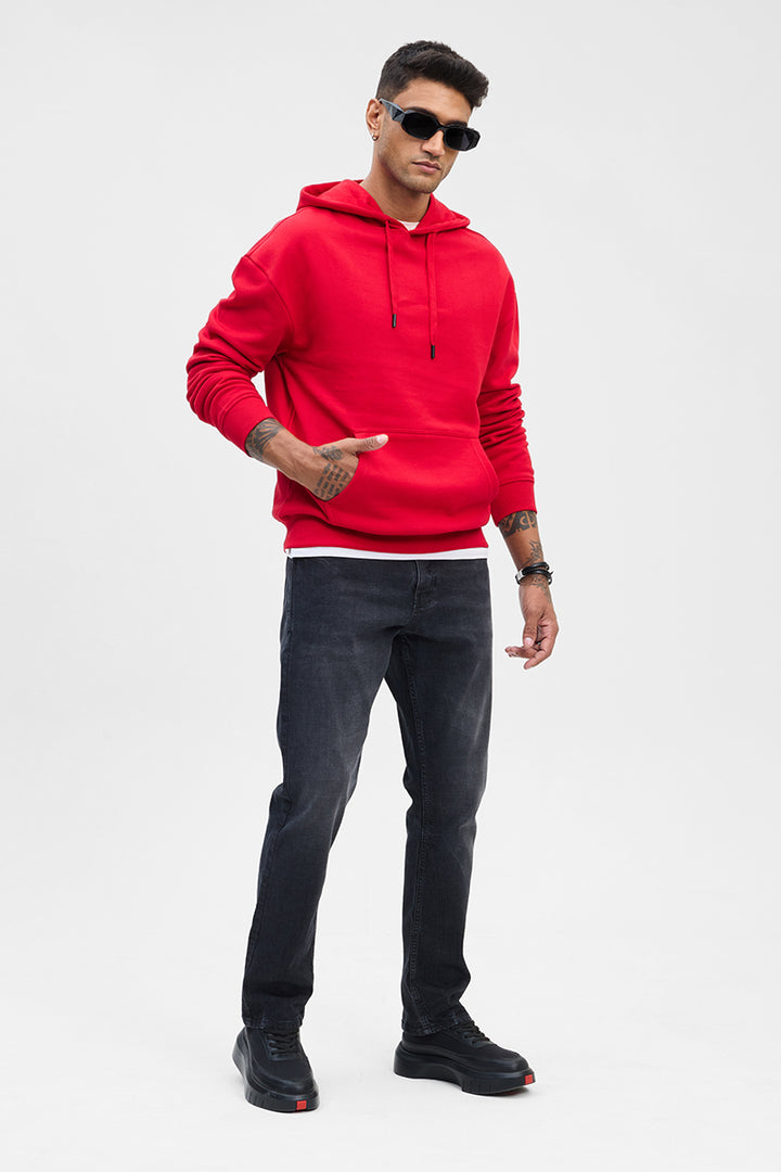 Red Solid Relaxed Fit Hoodies