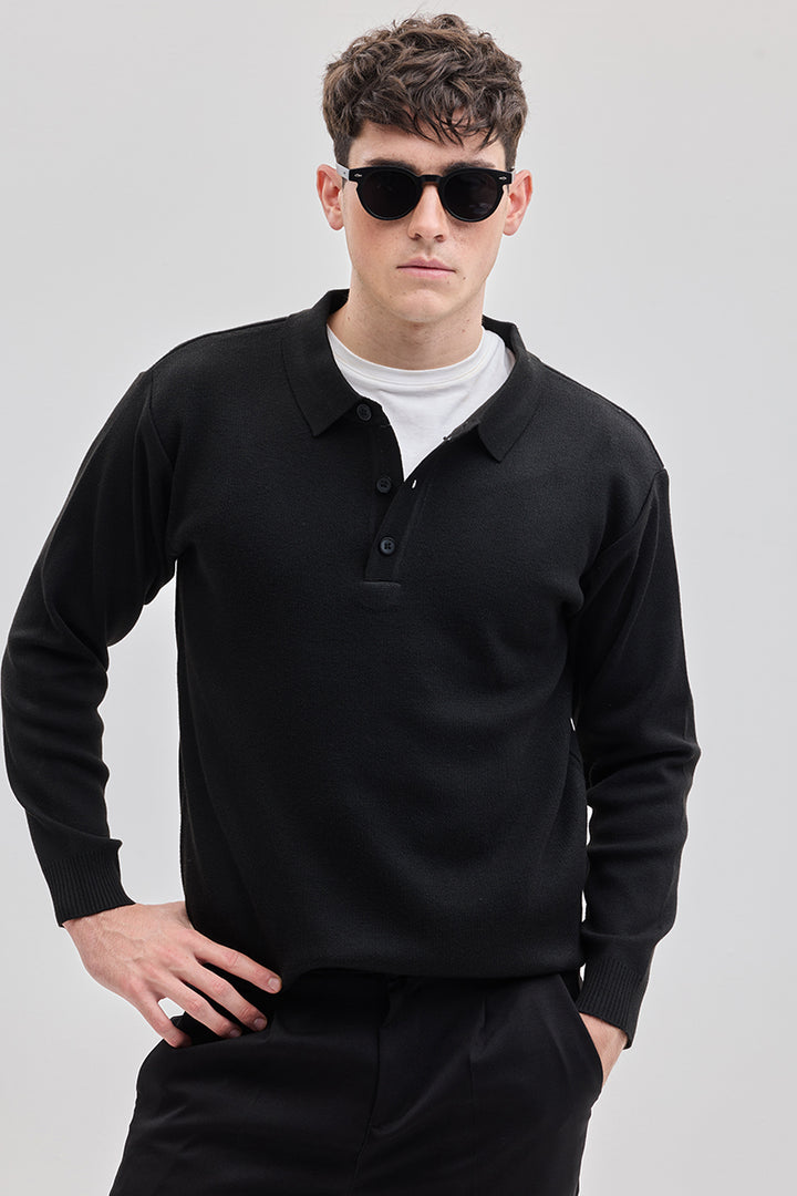 Black Knitted Polo Sweater