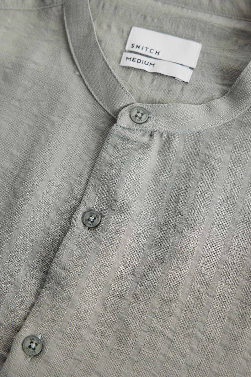 Light Grey Mandarin Self Stripe Shirt