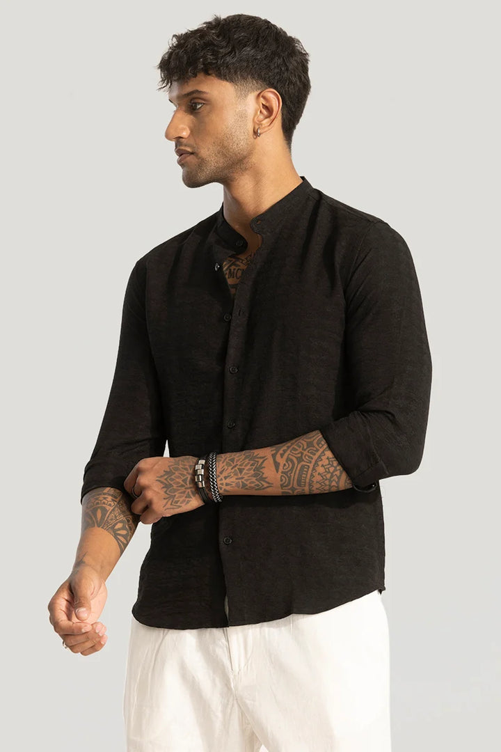 Black Mandarin Textured Shirt