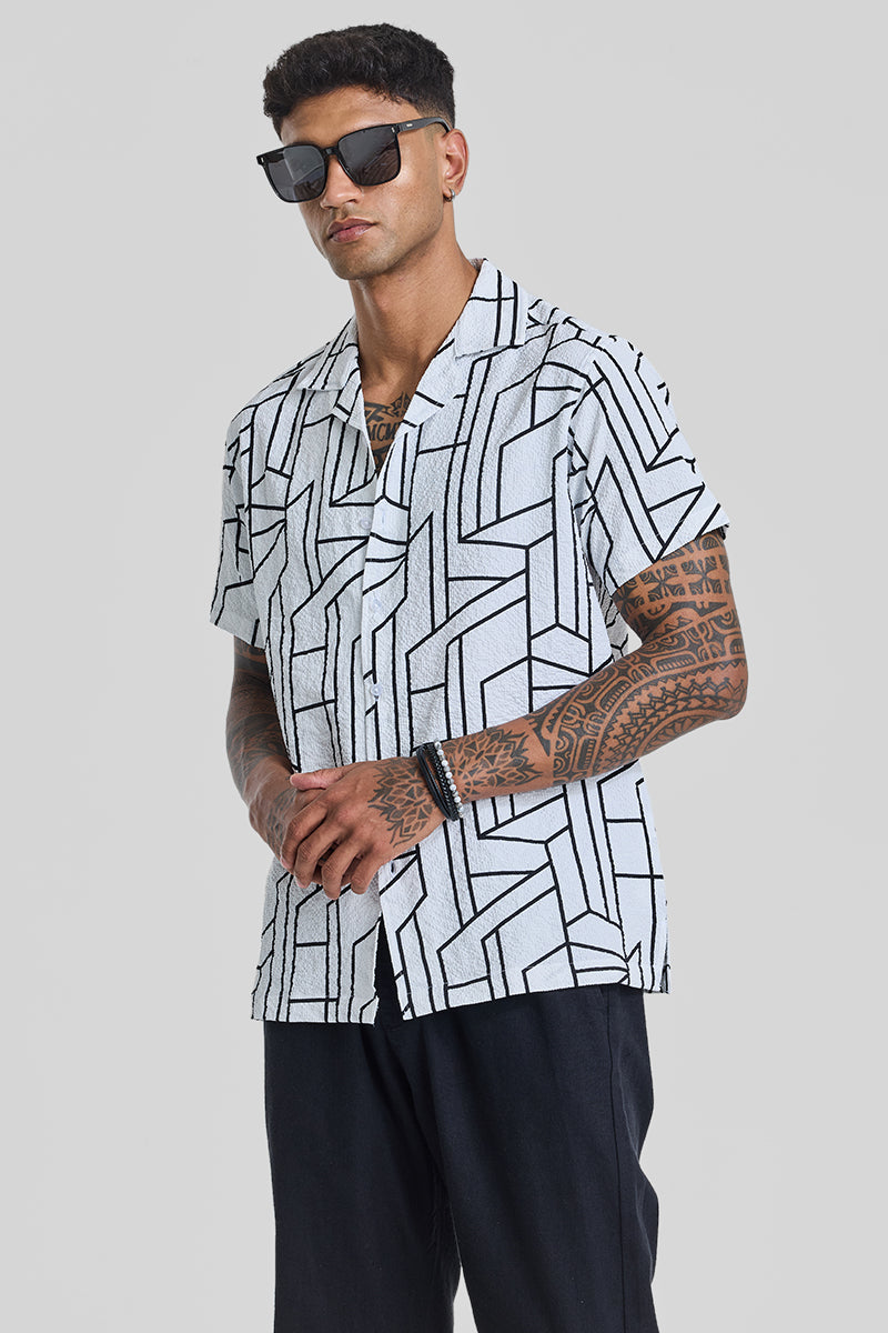 White Geometric Slim Fit Shirt