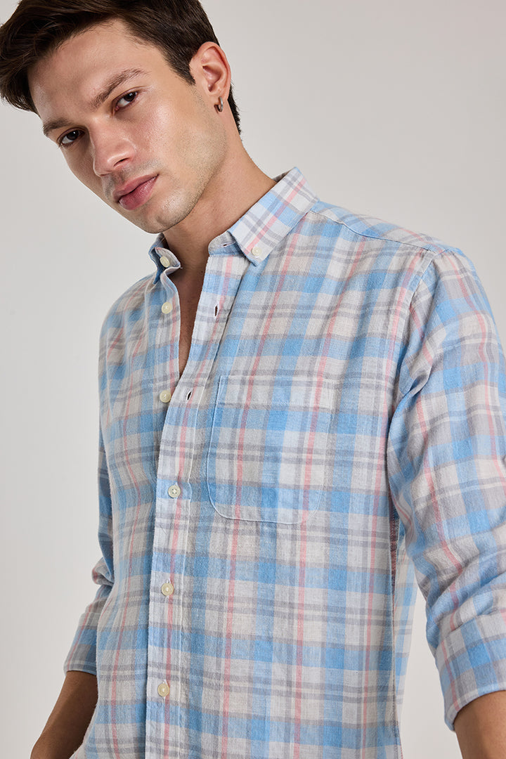 Light Blue Checks Linen Blend Shirt